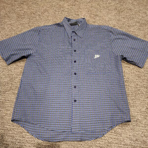 Paco button down short sleeve blue/black/white size large PTP 26in length 31 in